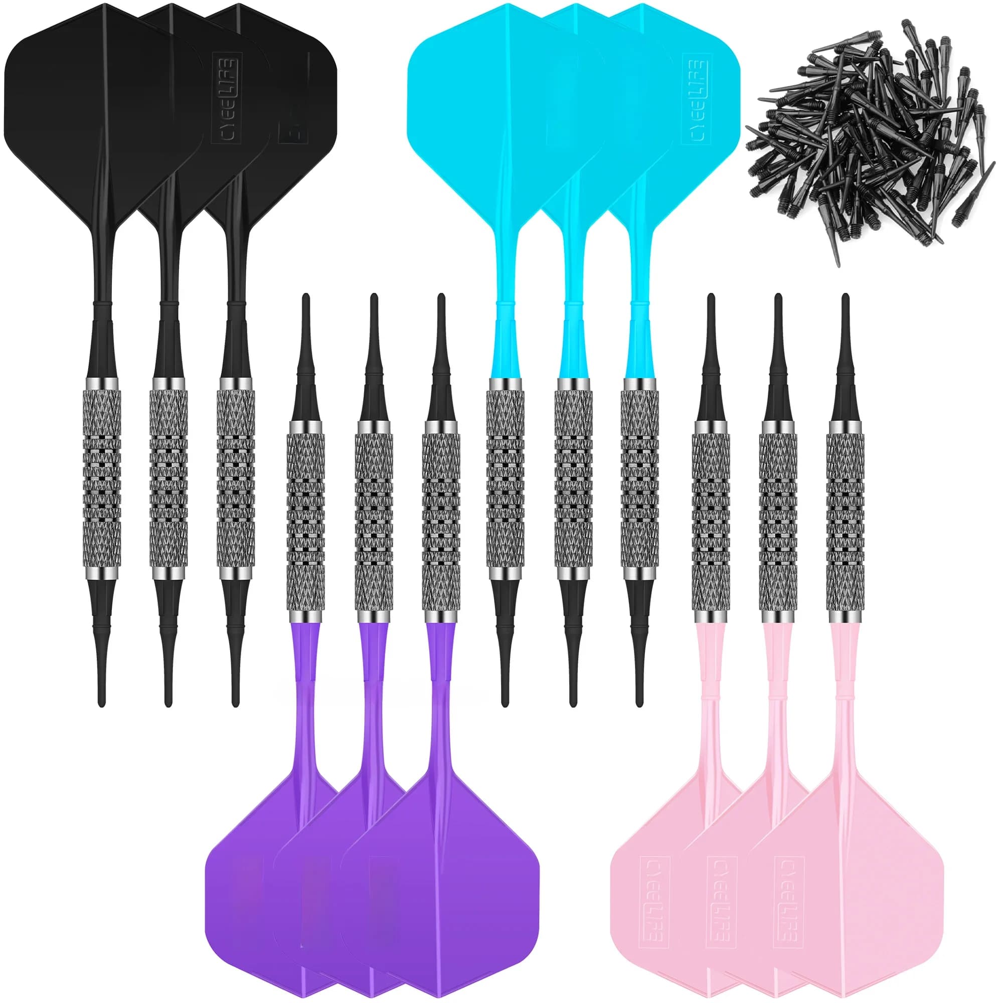 CyeeLife 12/14g jeu de fléchettes à pointe souple 12 paquets avec 4 couleurs vols une pièce, 100 points en plastique