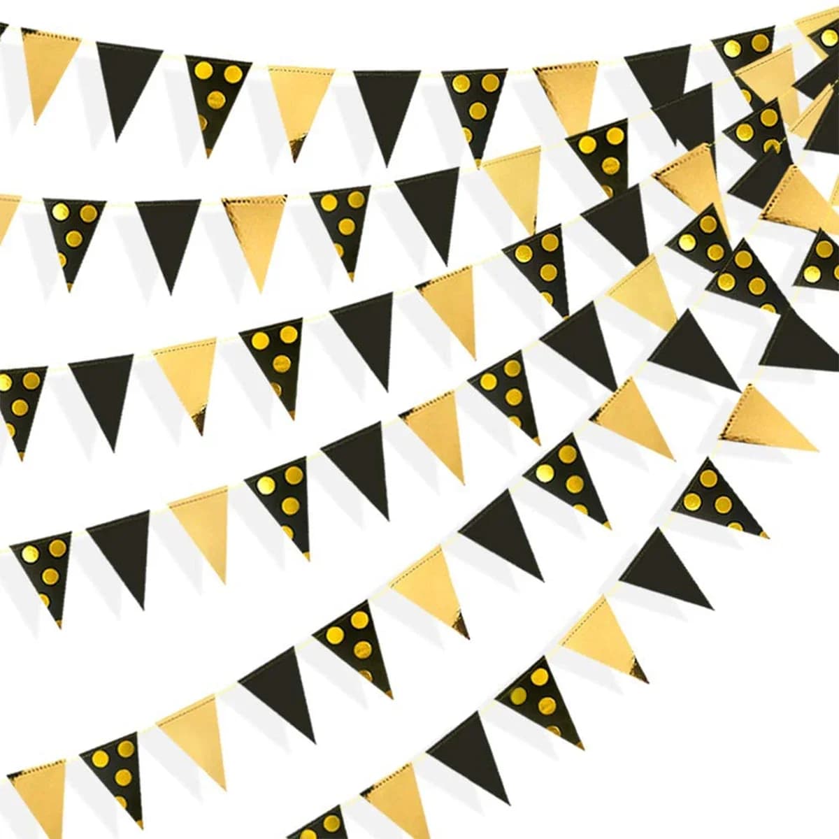 Banderole de fanions à pois en feuille d'or noir, drapeaux triangulaires en papier, guirxiété de banderoles pour mariage, baby shower, décorations de fête d'anniversaire