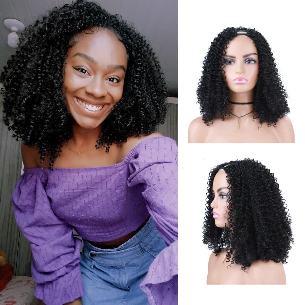 Lydia Afro Crépus Bouclés U Partie 1B # Perruque de cheveux de couleur noire, synthétique résistante à la chaleur, 18 pouces, perruques de fête quotidiennes pour femmes africaines américaines