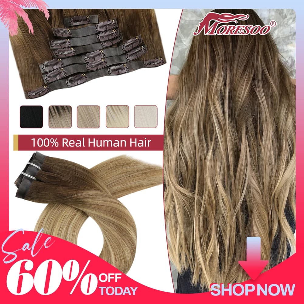 Moresoo-Extensions de vrais cheveux humains à clipser en PU, cheveux Remy droits, sans couture, invisibles, balayage, ombré #3, machine 8/22, naturel, 7 pièces