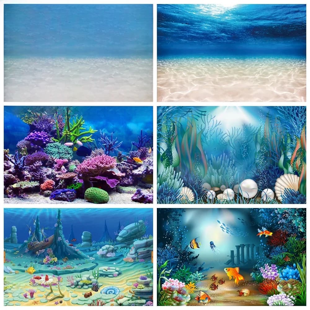 Toile de fond de photographie de fond marin du monde sous-marin, décor d'océan, lieux de poissons sous-marins, arrière-plan d'anniversaire de bébé, accessoires de studio photo personnalisés