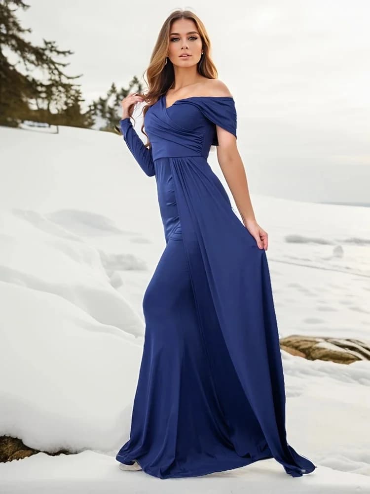 Robe de soirée longue blanche, manches longues, épaules dénudées, froncée avec ruban, longueur au sol, robe extensible