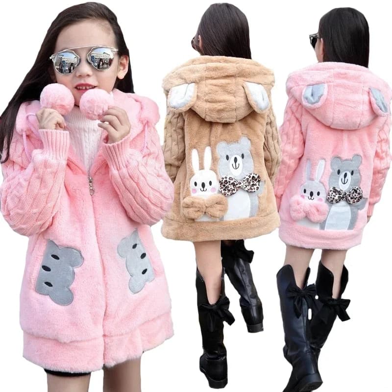 Veste d'hiver épaisse pour filles, manteau coupe-vent Long, manches tricotées, peluche, pour enfants et adolescents