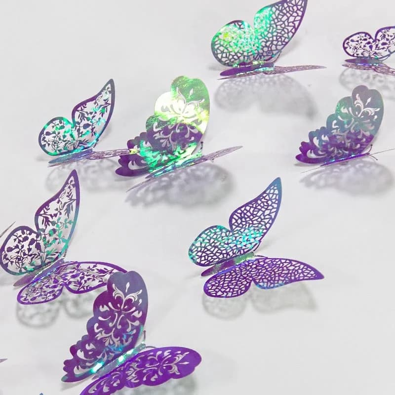 Nouveau papier miroir irisé violet vert bleu 3D papillons creux Stickers muraux papillon décalcomanie fête d'anniversaire bricolage décorations