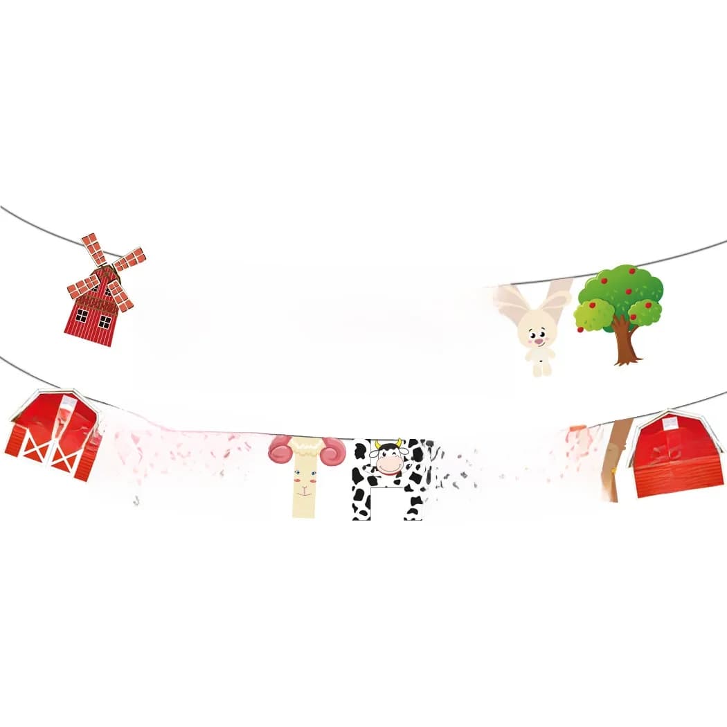 Bannière de lettrage Joyeux Anniversaire sur le thème de la ferme, drapeau à tirer, décoration pour la fête des enfants, baby shower, grange, moulin à vent, animaux
