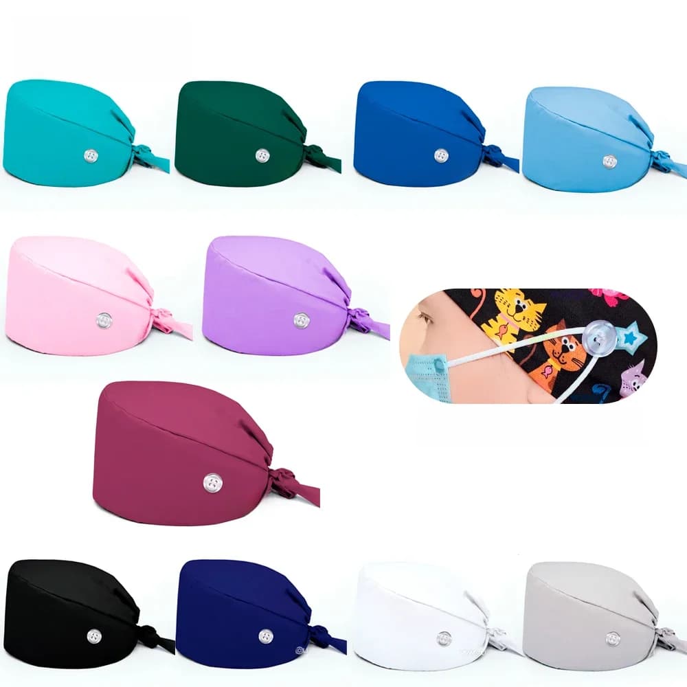 Couleur unie 100% coton casquette chirurgicale médicale infirmière soins capillaires Baotou gommage casquette salon de beauté casquette d'allaitement avec bouton gommage chapeaux