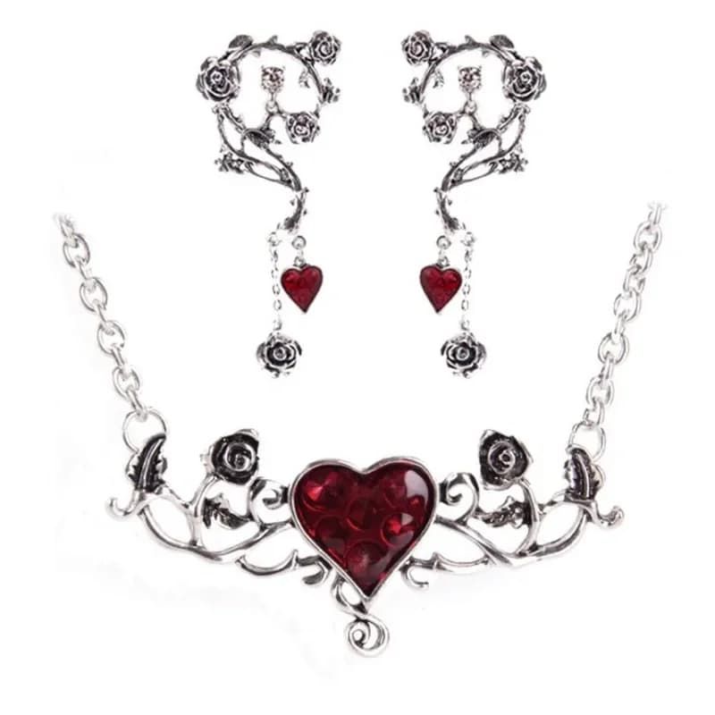 Ensemble de bijoux vintage coeur rouge, collier rose, boucles d'oreilles, punk, accessoires gothiques, tour de cou, boucle d'oreille goutte, 03/Wear, fête d'Halloween