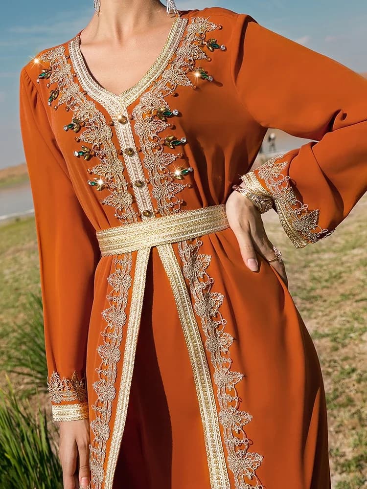 Robe de soirée musulmane marocaine pour femmes Abaya, ensemble de 2 pièces, robe islamique, ceinture, diamant, Kaftan, robe éducative, Maxi Abayas Caftan, Eid