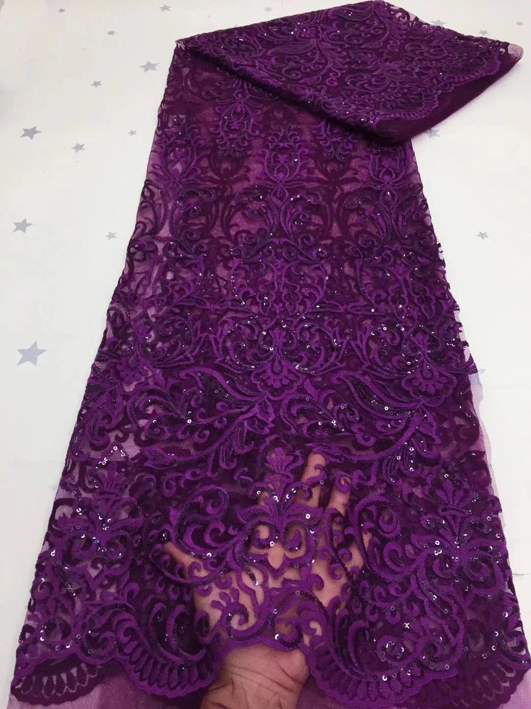 Tissu de dentelle de maille africaine violette avec paillettes, tulle français, lait nigwin, tug de fête de mariage, 20112A