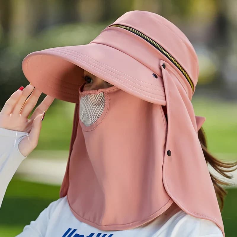Chapeau de soleil anti-UV pour femmes, couvre-chef pliable à grand bord, protection du cou et du visage, masque amovible, casquettes de plage respirantes