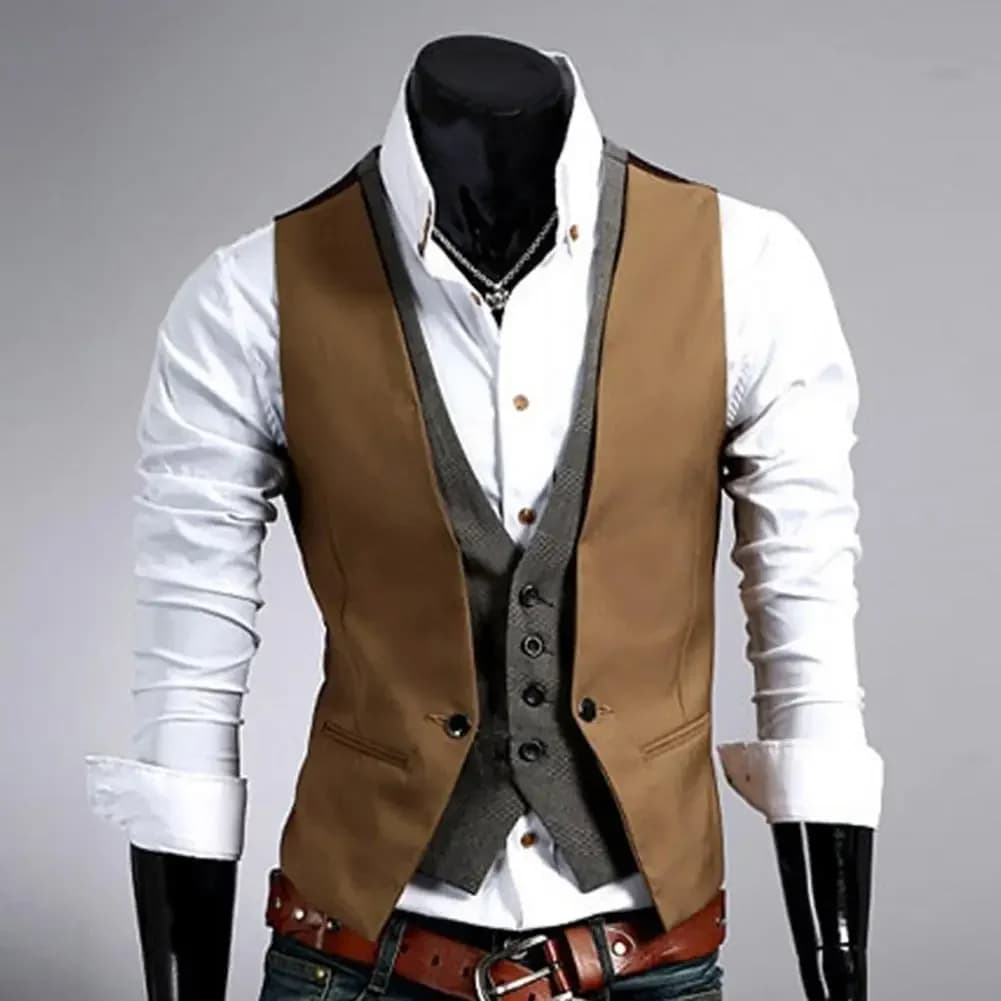 Hommes formel gilet gilet affaires couleur unie simple bouton gilet gilet faux deux pièces col en V décontracté mince chalecos para hombre