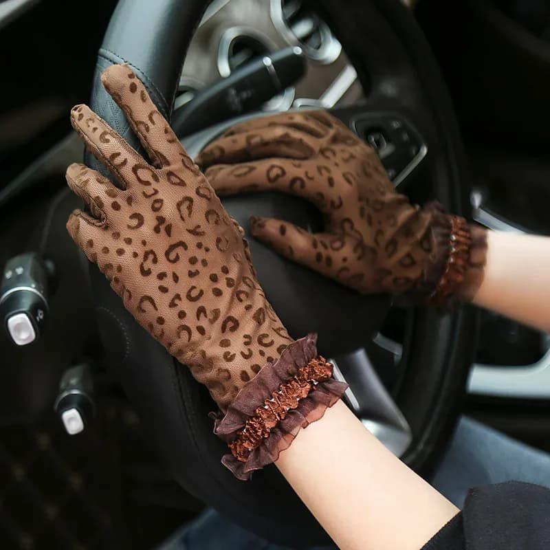 Gants d'été Sexy en dentelle léopard noir, Protection solaire pour écran tactile, gants courts et fins pour cyclisme, étiquette Jacquard