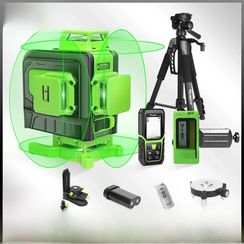 Huepar 4D 16 lignes lignes transversales niveau Laser lignes de faisceau vert multifonction et télécommande avec batterie Li-ion pour carrelage sol
