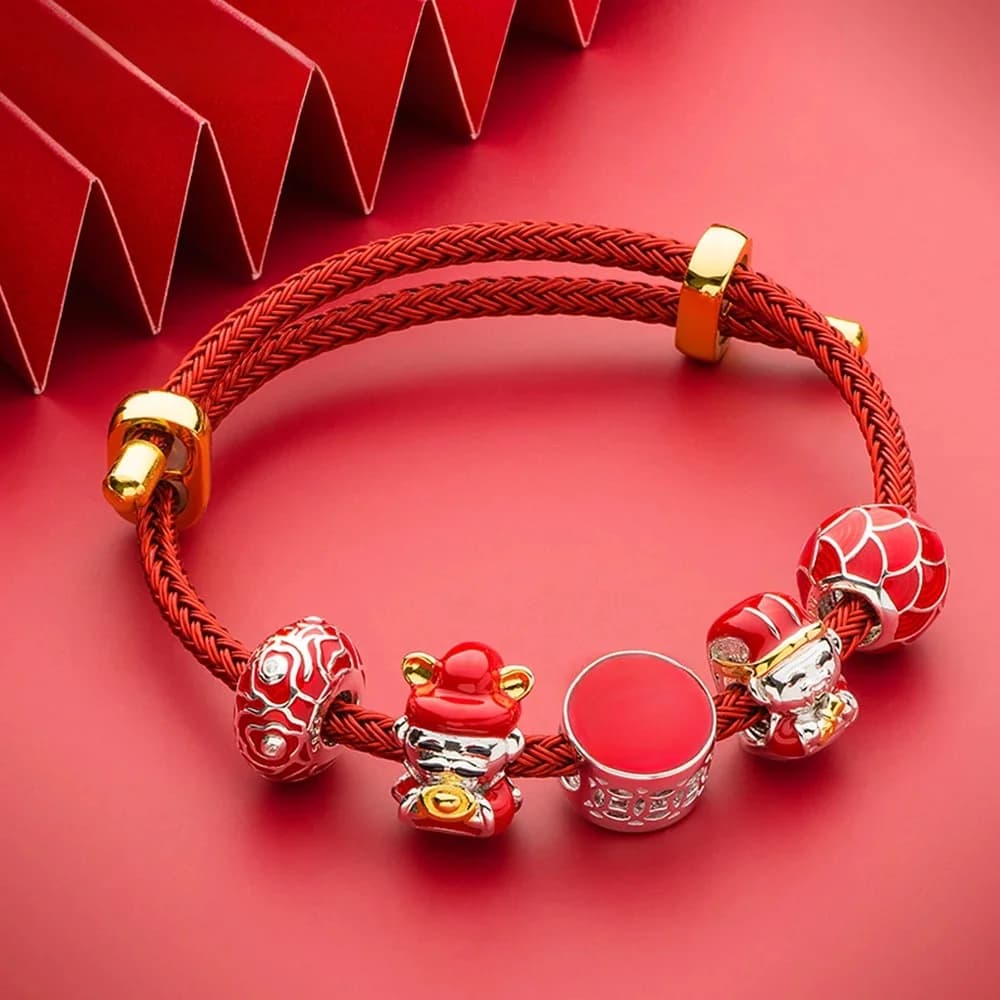 ATHENAIE-Bracelet à breloques en argent regardé 925, émail rouge, porte-bonheur P1, promotion du dieu de la fortune chinoise