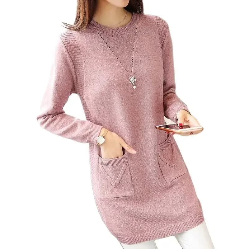Pull long uni pour femme, nouvelle collection 2026, style coréen, avec poches, en maille, décontracté, chaud, coupe ample, col rond, manches longues