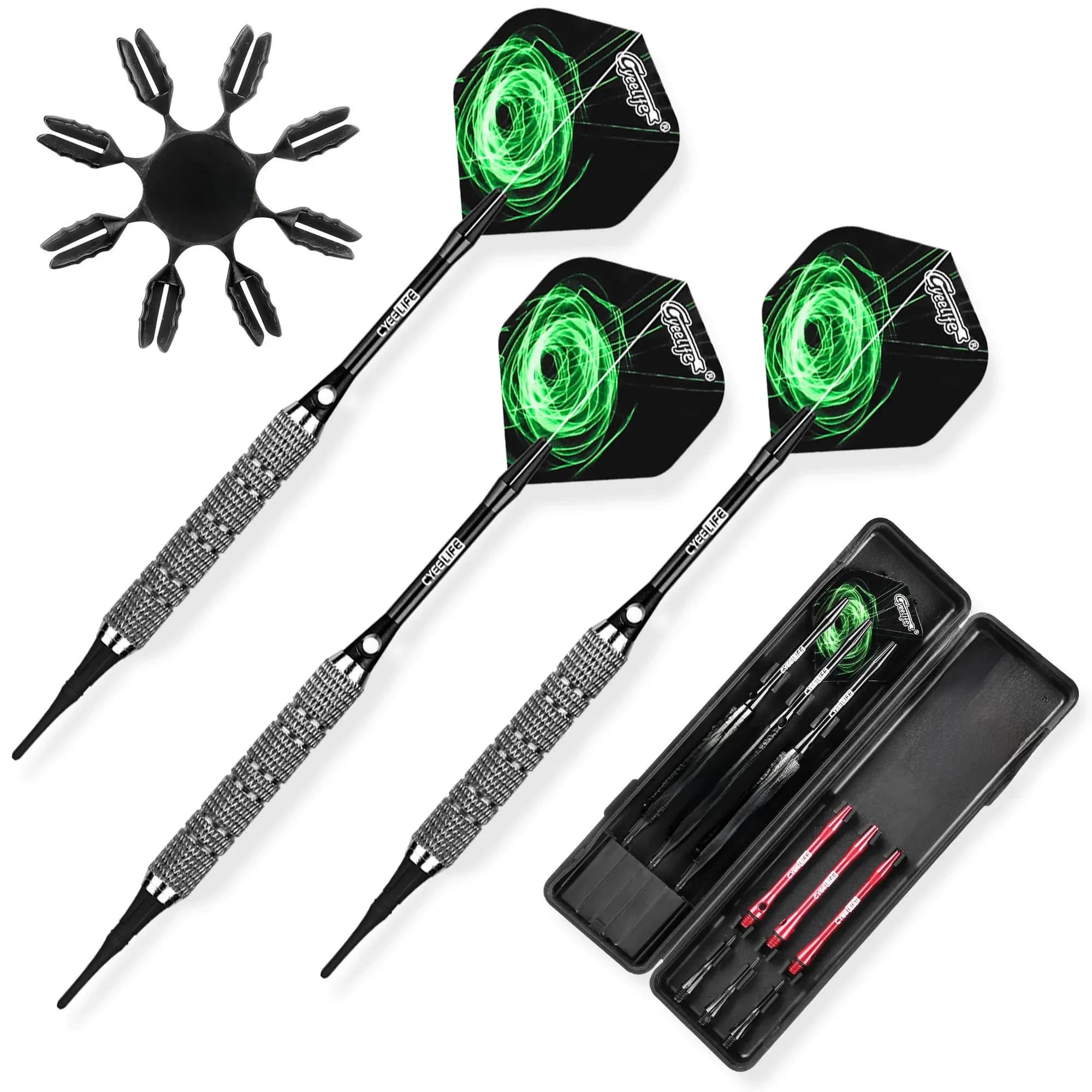 CyeeLife 16/18/22g fléchettes à pointe souple avec étui de transport, 6 arbres en aluminium (2 couleurs) + vols supplémentaires + protecteurs en plastique