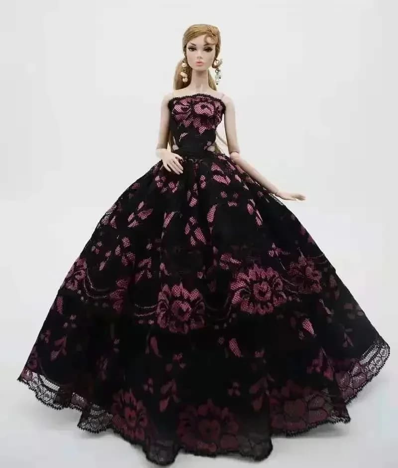 Robe de soirée de mariage classique, noir, rose, motif Floral, épaules dénudées, robe de poupée pour Barbie, vêtements de princesse, accessoire de poupées de 11.5 pouces, 1/6