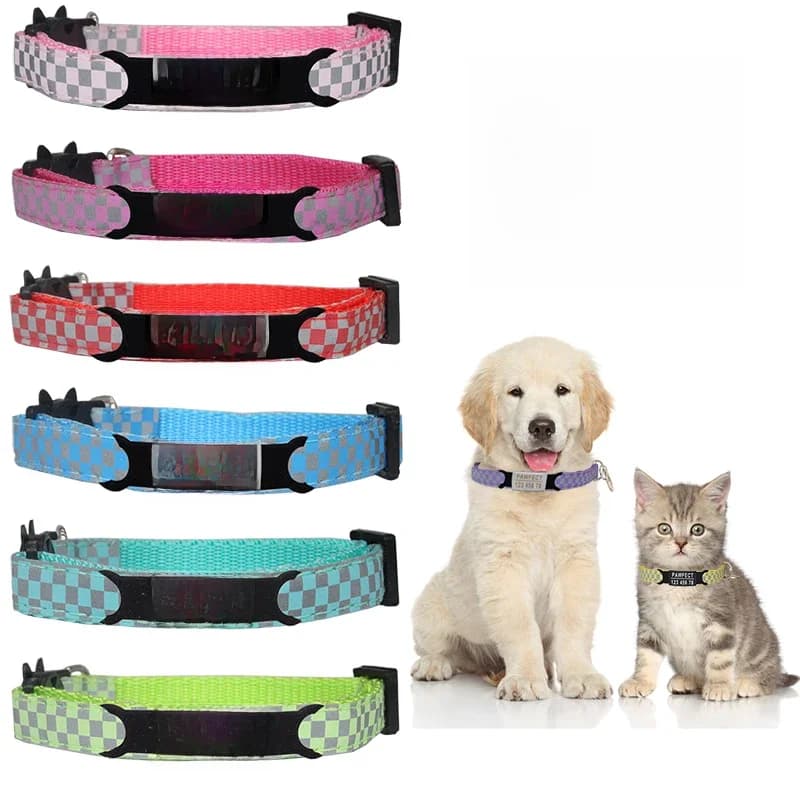 Collier à carreaux réfléchissants pour animaux de compagnie, personnalisé, identification gratuite, gravure en Nylon pour chat, réglable pour chiots et chatons, nouvelle collection