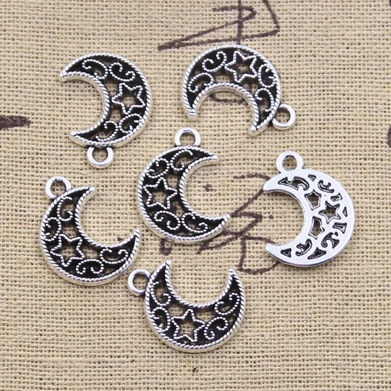 Breloques creuses en forme d'étoile et de lune, pendentifs antiques de couleur argent, fabrication artisanale, bijoux tibétains faits à la main, 19x14mm, 30 pièces
