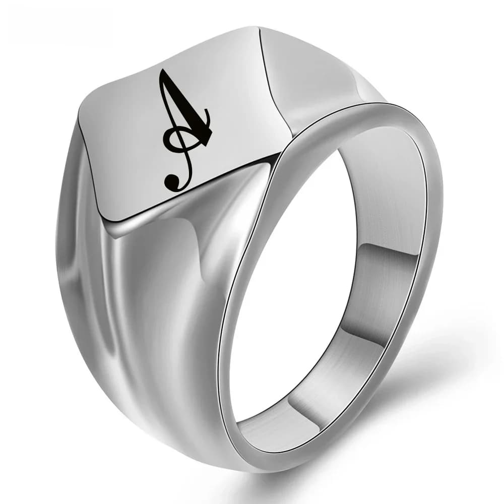 Bague à timbre initial pour hommes, chevalière de mode de 18mm, en acier inoxydable noir gravé, lettre initiale personnalisée, bijoux personnalisés