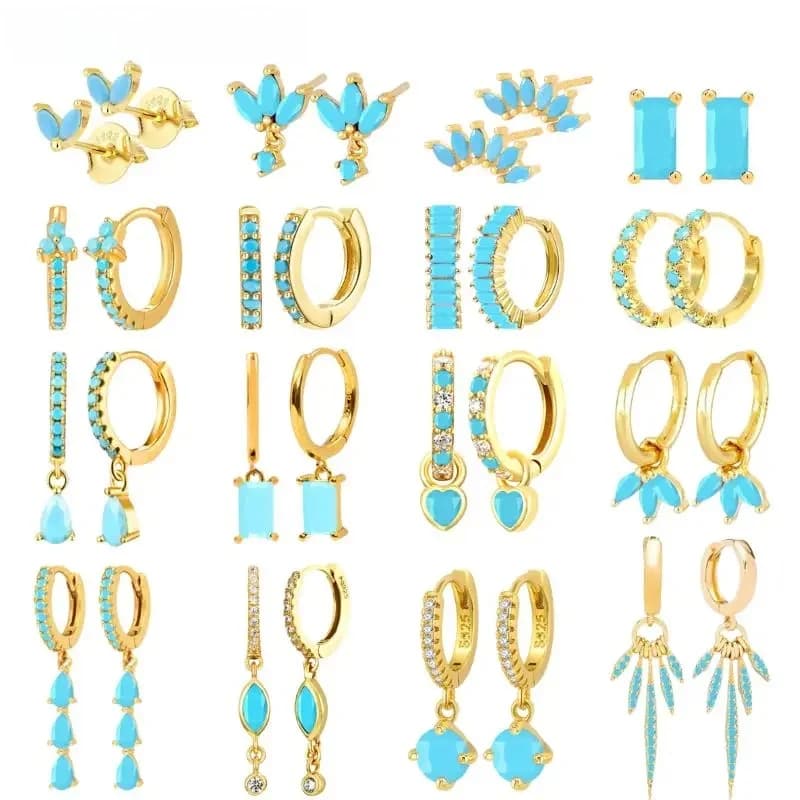 Boucles d'oreilles en argent 925 pour femmes, aiguille Turquoise, Style INS, fleur exquise, cristal bleu, Piercing, Huggie, bijoux
