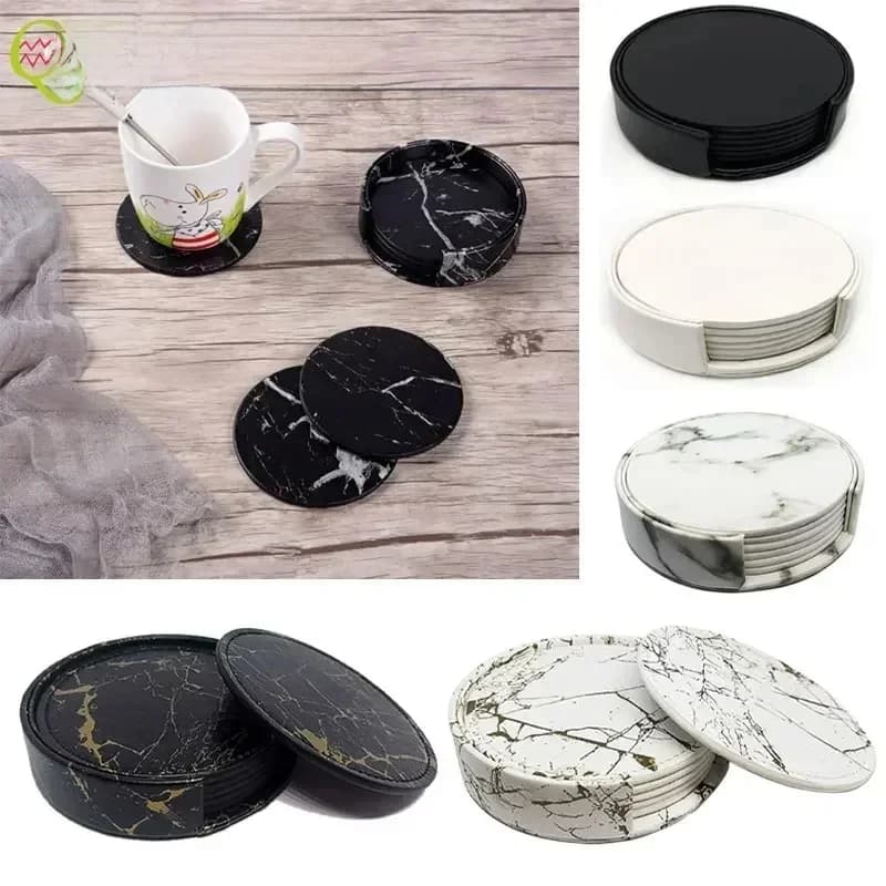 Ensemble de sous-verres en cuir PU marbré résistant à la chaleur, 6 pièces, napperons ronds noirs et blancs pour boisson, tasse à café, napperons faciles à nettoyer