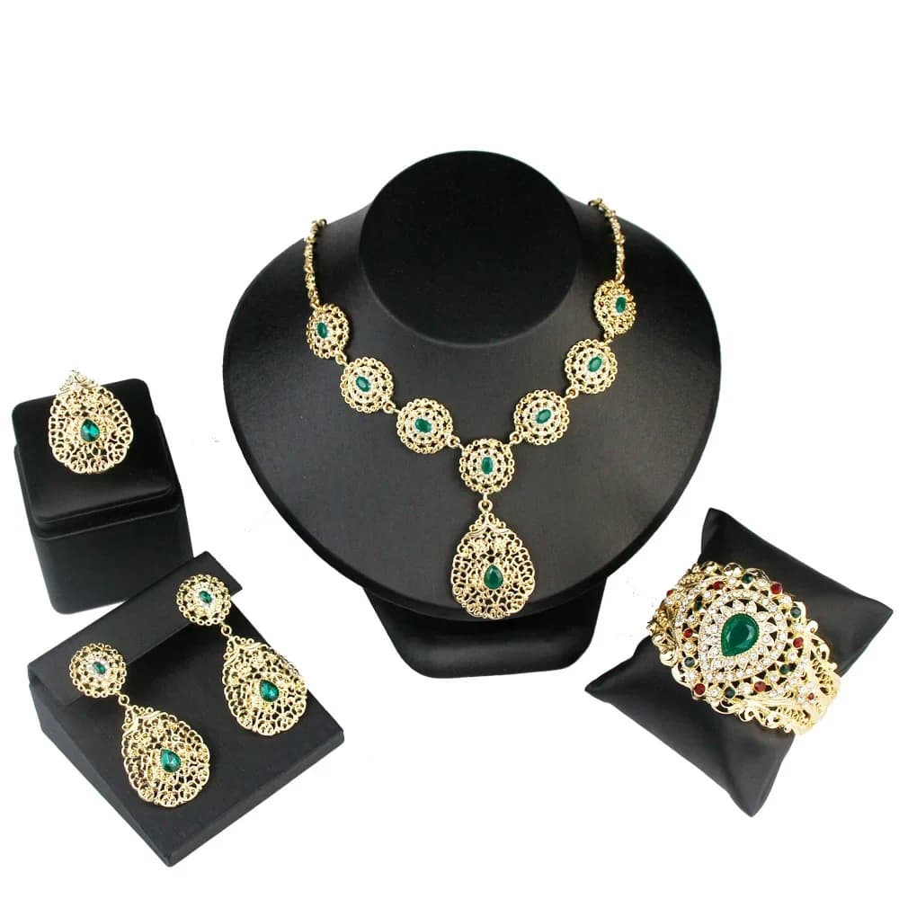 Sunspicems-Ensemble de Bijoux en Clip pour Femme, Patients Algériens et Marocains, Bracelet, Bague, Boucle d'Oreille et Collier en Or Indien, Bijoux de Mariage