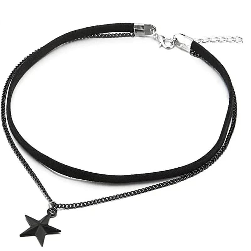 Collier ras du cou noir à deux rangées pour femmes, avec chaîne noire et pendentif à breloque étoile pentagramme, collier multicouche