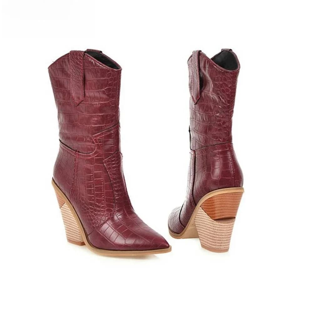 SIMLOVEbalance-Bottes mi-mollet pour femme, chaussures de cow-boy à talon côtelé optique, Parker pointu, grande taille 34-48, jaune, rouge, britannique, automne, US17