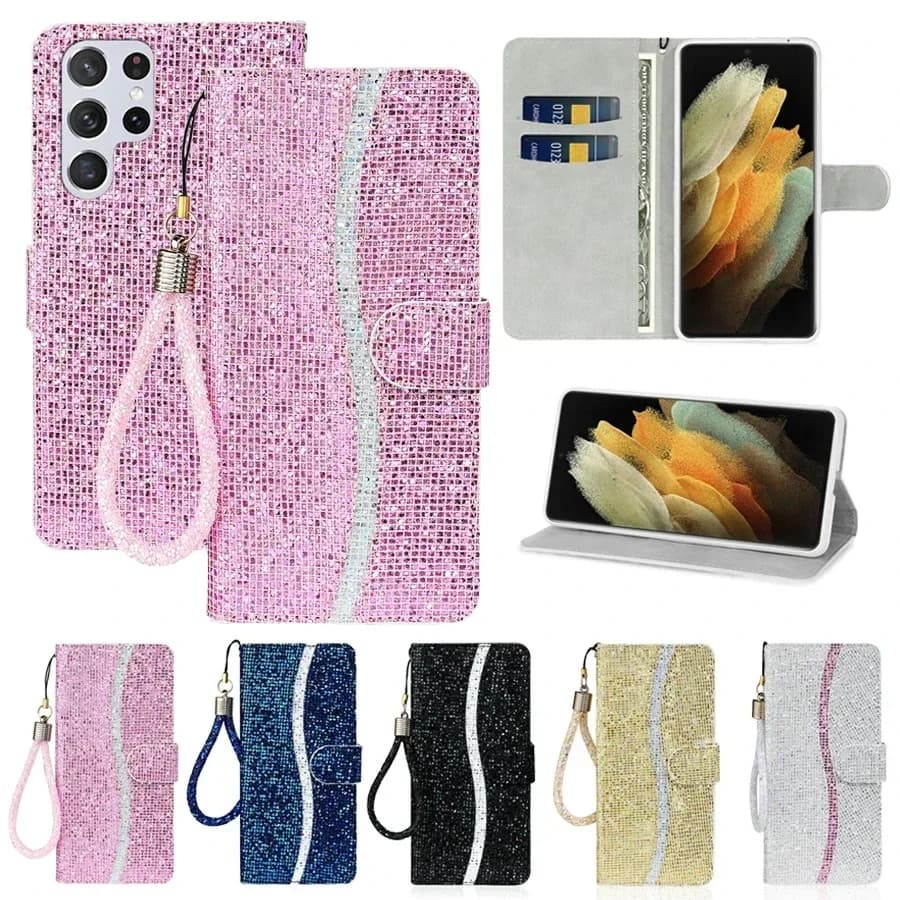 Étui portefeuille en cuir à rabat avec poudre clignotante, pour Samsung Galaxy S25 Edge S24 Ultra S23 Plus S22 S20 FE A16 A17 A26 A35 A36 A55 A56
