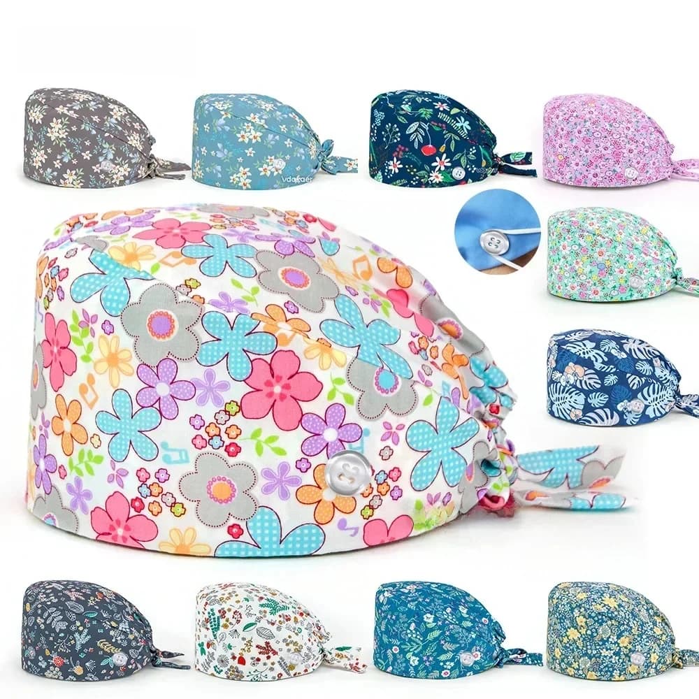 avec bouton hôpital imprimé gommages casquettes infirmière chirurgicale travail gommages chapeau Tieback casquette coton beauté chapeaux pour femmes hommes réglable