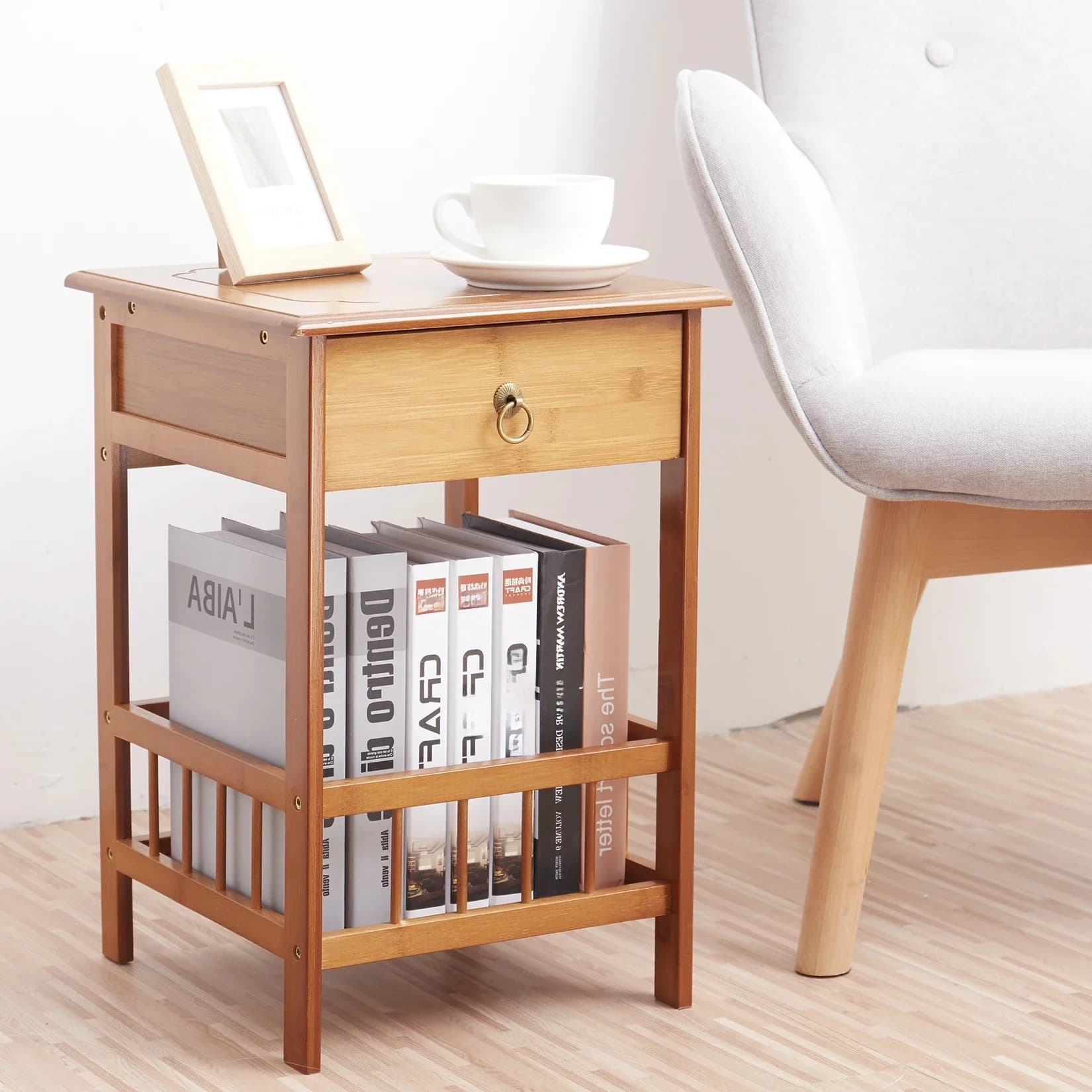 Table de chevet en bambou avec étagère de rangement pour plantes, table de chevet MELBedroom