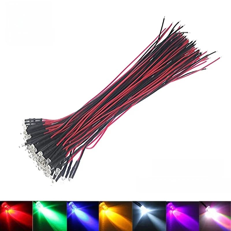 Diodes LED transparentes à l'eau, 50 pièces, 3V 5V 12V 24V DC 3mm 5mm, rouge/vert/bleu/jaune/UV/Orange/rose/chaud/blanc/RGB, câble pré-câblé de 20cm