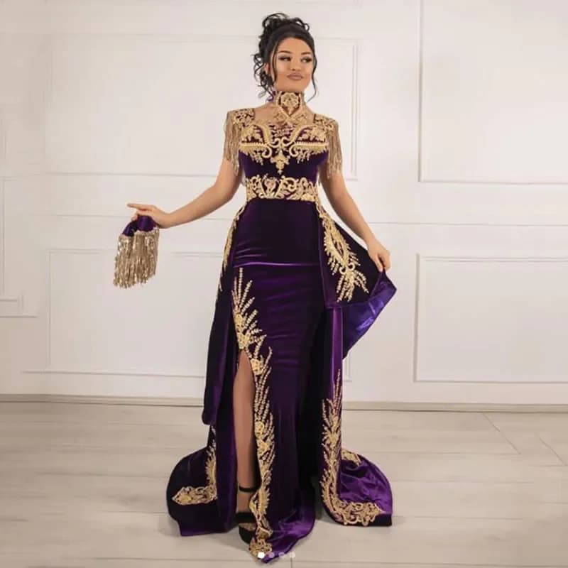 Smileven-Caftan violet fendu avec poignées et traîne amovible, robe de Rhsirène, robe de soirée en dentelle, robe de soirée formelle
