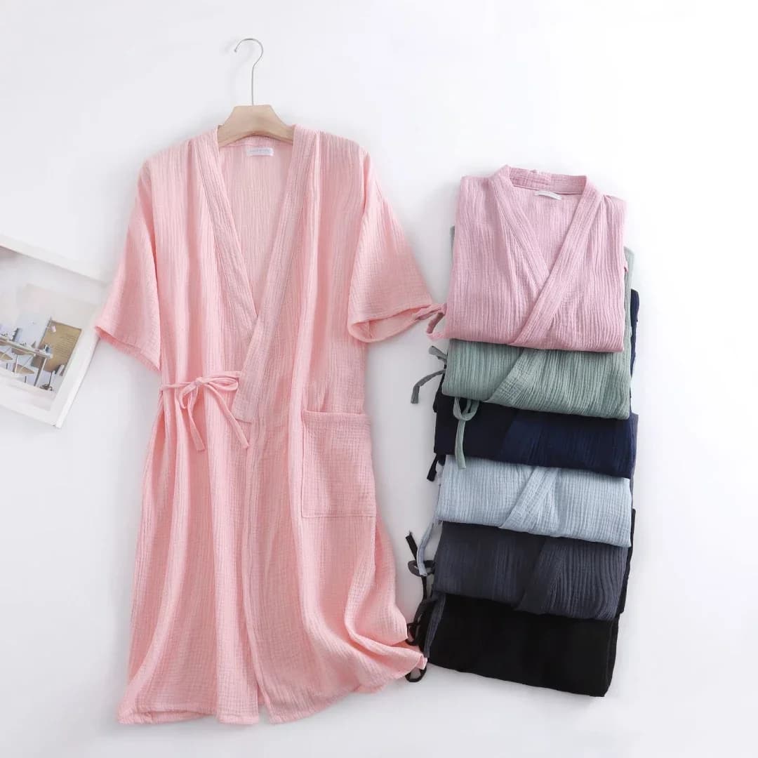 Peignoir d'été 100% en gaze de coton crêpe à manches courtes pour femmes et hommes, peignoir solide, ample et doux, style japonais, Kimono, 2021