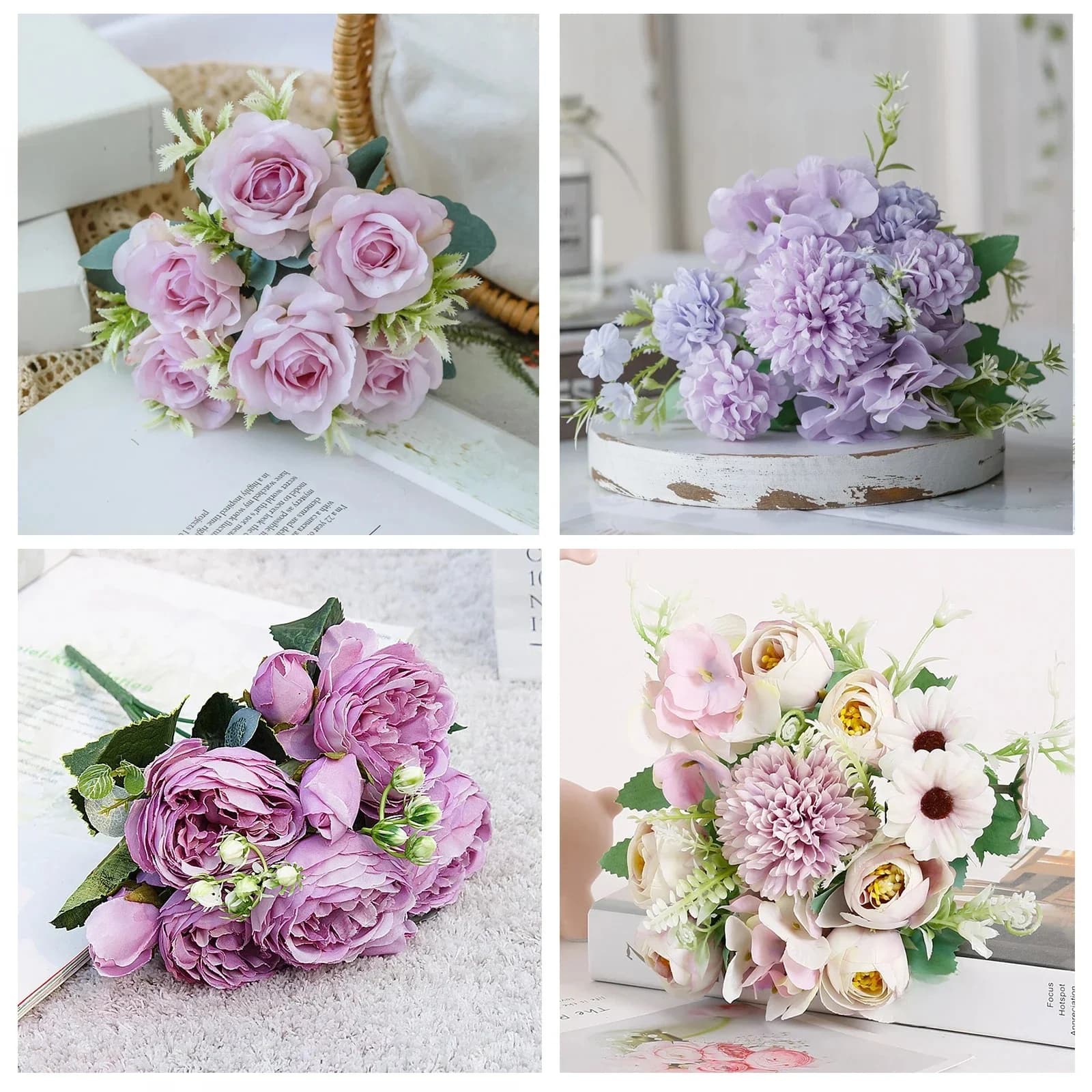1 Bouquet de fleurs artificielles violettes, pivoines, roses thé, fleurs artificielles en soie d'automne pour la décoration DIY du salon, de la maison, du jardin, de mariage