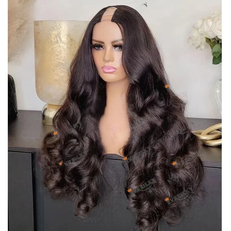 Perruques de cheveux humains indiens bon marché avec ouverture 1x4 U avec 6 clips brun foncé # 2 perruques ondulées Remy U Part faites à la machine, faciles à installer