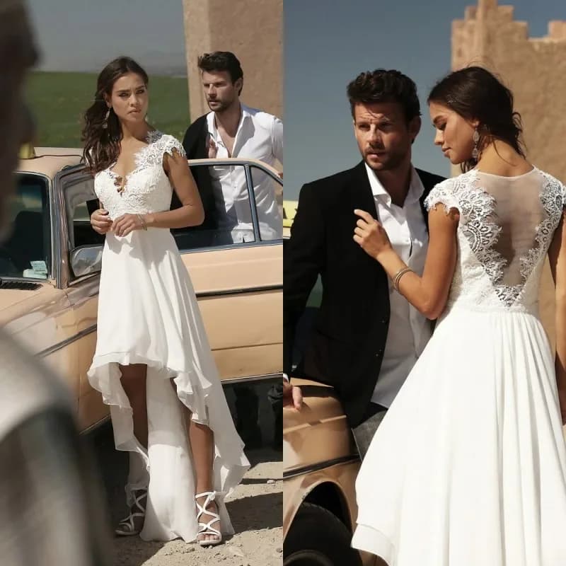 MYYBLE-Robe de Mariée en Mousseline de Soie et Dentelle, Personnalisée Gratuitement, Sexy, Hi Lo, Mancherons, Patients de Plage, Peu importe, Bon Marché