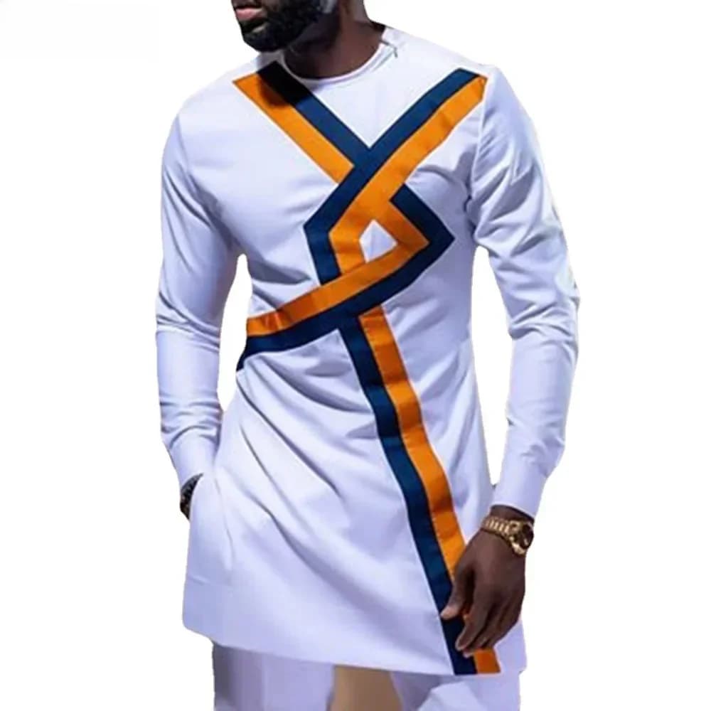 Chemises à col rond pour hommes, style africain, blanc, grande taille, manches longues, vêtements pour hommes, nouvelle arrivée, 2021