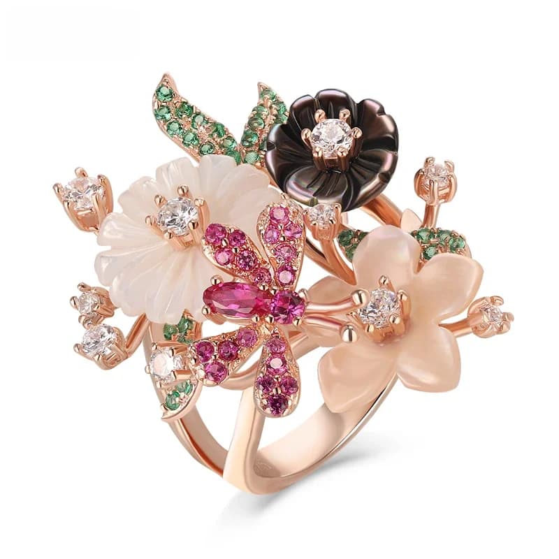 Bague Laya pour femmes, bague d'humeur, zircon rouge, vert, blanc, coquille naturelle, fleur, argent sterling 925, bijoux de mode Anillos