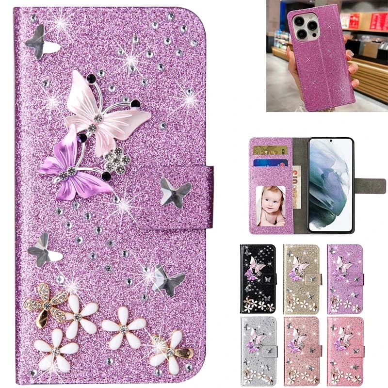 Étui en cuir à paillettes pour iPhone 18 ProMax 17 Pro Air 16 16E 15 Plus 14 12 13 MINI 11 Pro Max, portefeuille à rabat, coque de luxe