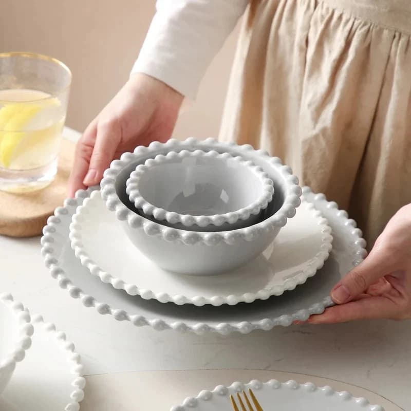 Ensemble de vaisselle en céramique nordique créative perle-jante, plateau plat à steak, assiette à dessert, saladier, vaisselle perlée, forme ronde