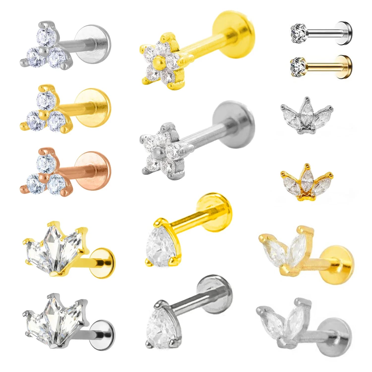 Petite fleur Labret fil interne Piercing/boucle d'oreille de Cartilage/Tragus/conque pétale de zircone cubique 316 acier inoxydable