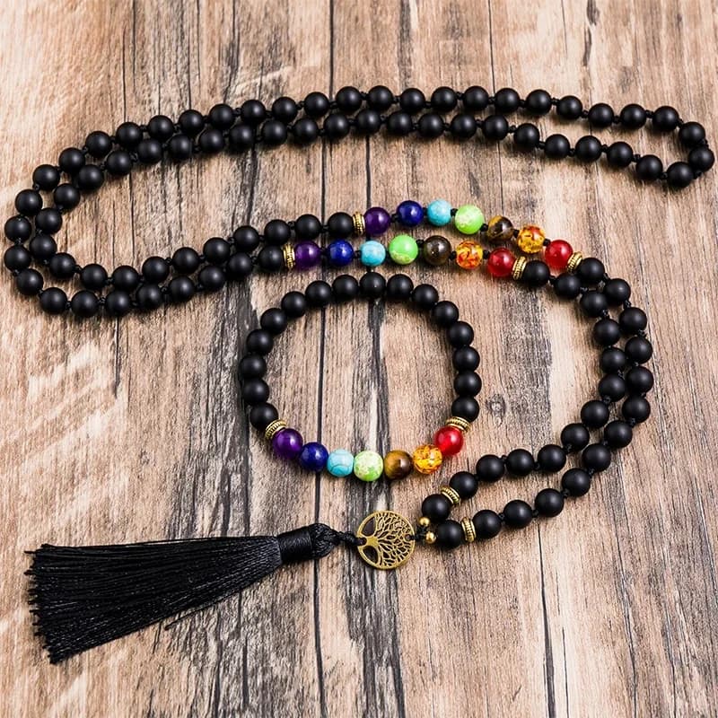 Collier Mala en Onyx noir mat, 8mm, 7 chakras, perles nouées, 108, méditation, Yoga, esprit, porte-bonheur, énergie, bijoux, ensembles japonais