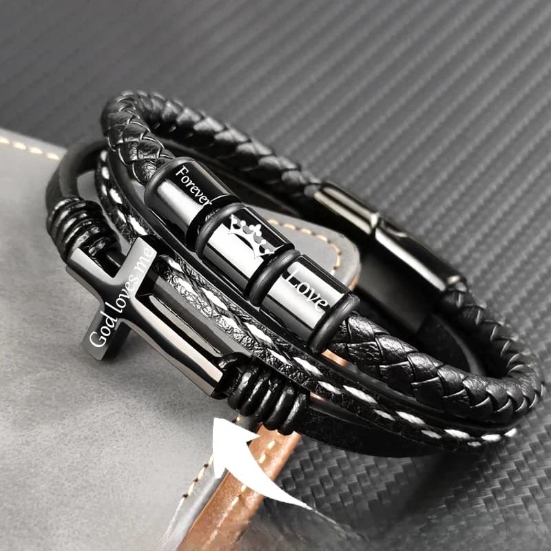 MingAo nouveau nom de famille gravé personnalisé perles croix Bracelets noir tressé en cuir en acier inoxydable Bracelets pour hommes pères