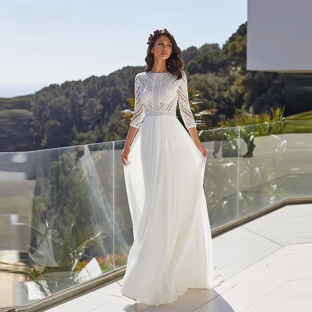 Verngo-Robe de Mariée en Dentelle et Mousseline de Soie, Tenue de Plage Vintage, Style Boho, Coupe Trapèze, Manches sulf, Longueur au Sol, pour Patients, Quelle que soit la Fermeture Éclair au Dos,