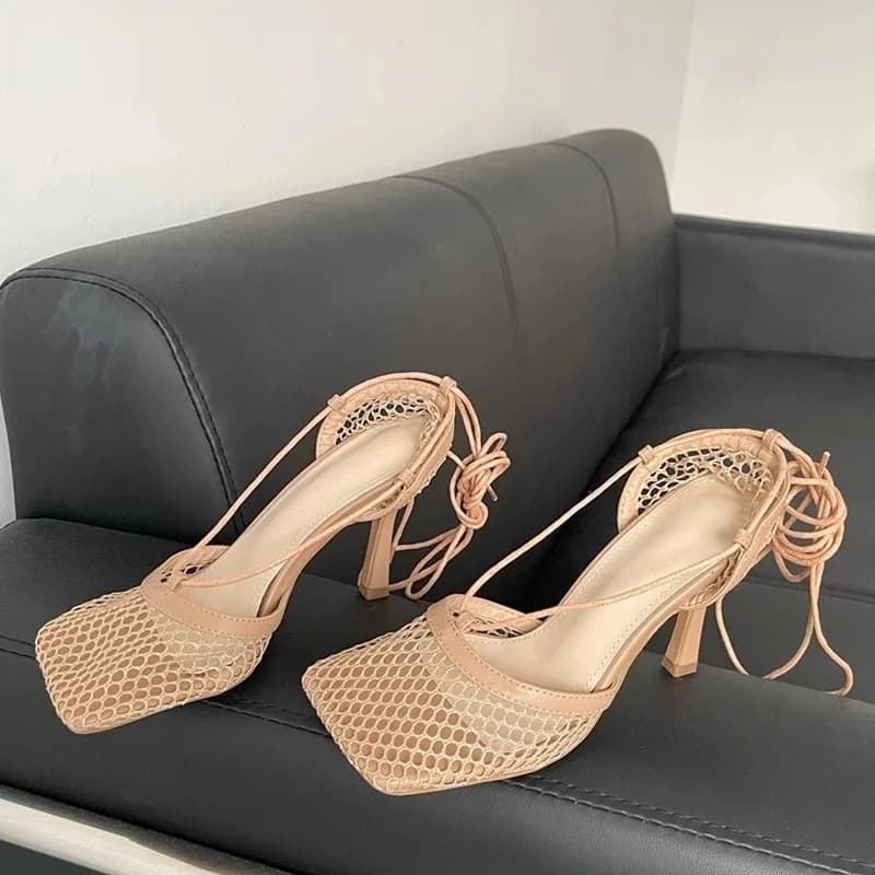 Eilyken-Escarpins sexy en maille creuse pour femmes, sandales carrées, chaussures féminines à talons hauts, lacets croisés, robe de soirée, rinçage, blanc, nouveau