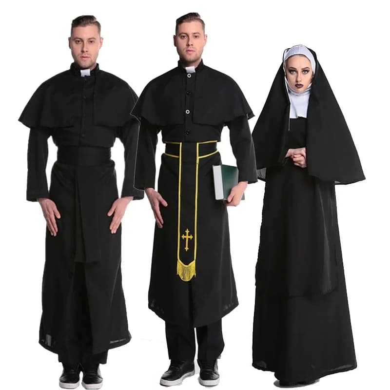 Costume d'habitude de nonne de prêtre pour Couple, tenue religieuse traditionnelle médiévale, robe de soirée fantaisie Cosplay, carnaval Halloween