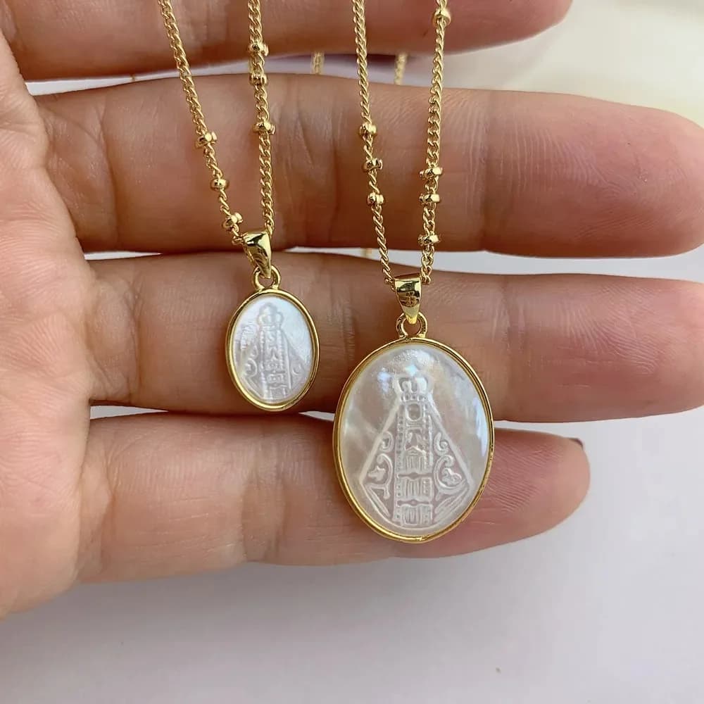 Collier pendentif ovale saint vierge marie, bijoux en nacre naturelle, coquille, à la mode, pour femmes
