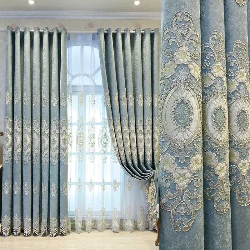 Rideaux de luxe bleus brodés européens, pour salon, chambre à coucher, salle à manger, décor de fenêtre occultant, Chenille, Tulle Jacquard personnalisé